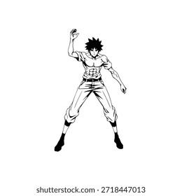 Personagem de Anime Dinâmico na Ilustração de Ação em Preto sobre Branco para Mangá, Arte e Estilos de Design Gráfico