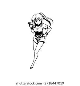 Personaje de anime dinámico en ilustración de acción en negro sobre blanco para manga, arte y estilos de Diseño gráfico