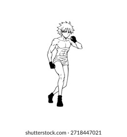 Personagem de Anime Dinâmico na Ilustração de Ação em Preto sobre Branco para Mangá, Arte e Estilos de Design Gráfico
