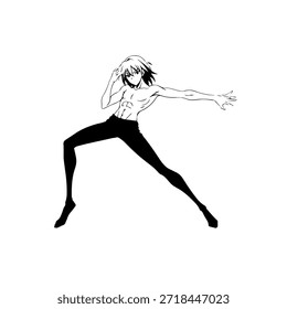 Personagem de Anime Dinâmico na Ilustração de Ação em Preto sobre Branco para Mangá, Arte e Estilos de Design Gráfico