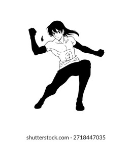 Personagem de Anime Dinâmico na Ilustração de Ação em Preto sobre Branco para Mangá, Arte e Estilos de Design Gráfico