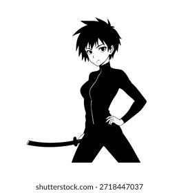 Personagem de Anime Dinâmico na Ilustração de Ação em Preto sobre Branco para Mangá, Arte e Estilos de Design Gráfico