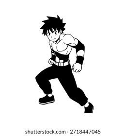 Dynamic Anime Character in Action Illustration in Black on White for Manga, Art, and Graphic Design Styles