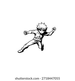 Personagem de Anime Dinâmico na Ilustração de Ação em Preto sobre Branco para Mangá, Arte e Estilos de Design Gráfico