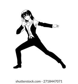 Personaje de anime dinámico en ilustración de acción en negro sobre blanco para manga, arte y estilos de Diseño gráfico