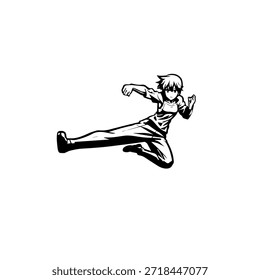 Dynamischer Anime-Charakter in Aktion Illustration in Schwarz auf Weiß für Manga-, Kunst- und Grafikdesign-Stile