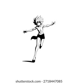 Personagem de Anime Dinâmico na Ilustração de Ação em Preto sobre Branco para Mangá, Arte e Estilos de Design Gráfico