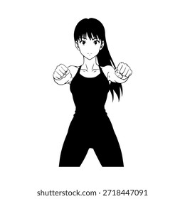 Dynamic Anime Character in Action Illustration in Black on White for Manga, Art, and Graphic Design Styles