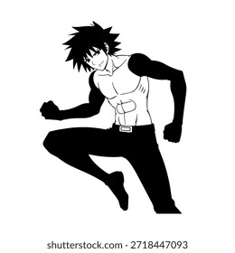 Personagem de Anime Dinâmico na Ilustração de Ação em Preto sobre Branco para Mangá, Arte e Estilos de Design Gráfico