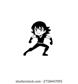 Personaje de anime dinámico en ilustración de acción en negro sobre blanco para manga, arte y estilos de Diseño gráfico