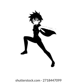 Personagem de Anime Dinâmico na Ilustração de Ação em Preto sobre Branco para Mangá, Arte e Estilos de Design Gráfico