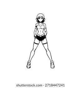 Dynamic Anime Character in Action Illustration in Black on White for Manga, Art, and Graphic Design Styles