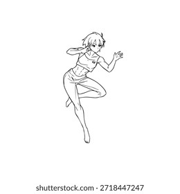 Dynamischer Anime-Charakter in Aktion Illustration in Schwarz auf Weiß für Manga-, Kunst- und Grafikdesign-Stile