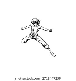 Dynamic Anime Character in Action Illustration in Black on White for Manga, Art, and Graphic Design Styles