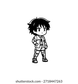 Dynamic Anime Character in Action Illustration in Black on White for Manga, Art, and Graphic Design Styles