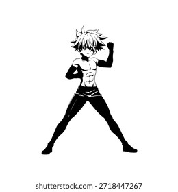 Personagem de Anime Dinâmico na Ilustração de Ação em Preto sobre Branco para Mangá, Arte e Estilos de Design Gráfico