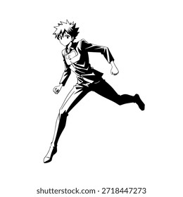 Dynamic Anime Character in Action Illustration in Black on White for Manga, Art, and Graphic Design Styles