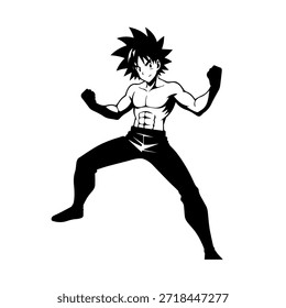Personagem de Anime Dinâmico na Ilustração de Ação em Preto sobre Branco para Mangá, Arte e Estilos de Design Gráfico