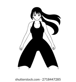 Dynamic Anime Character in Action Illustration in Black on White for Manga, Art, and Graphic Design Styles