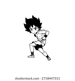 Personaje de anime dinámico en ilustración de acción en negro sobre blanco para manga, arte y estilos de Diseño gráfico