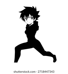 Personagem de Anime Dinâmico na Ilustração de Ação em Preto sobre Branco para Mangá, Arte e Estilos de Design Gráfico