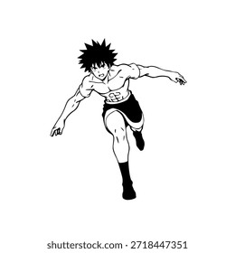 Personaje de anime dinámico en ilustración de acción en negro sobre blanco para manga, arte y estilos de Diseño gráfico