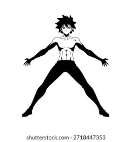 Personagem de Anime Dinâmico na Ilustração de Ação em Preto sobre Branco para Mangá, Arte e Estilos de Design Gráfico