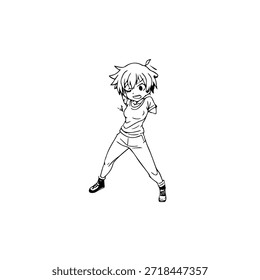 Personagem de Anime Dinâmico na Ilustração de Ação em Preto sobre Branco para Mangá, Arte e Estilos de Design Gráfico