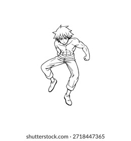Personagem de Anime Dinâmico na Ilustração de Ação em Preto sobre Branco para Mangá, Arte e Estilos de Design Gráfico