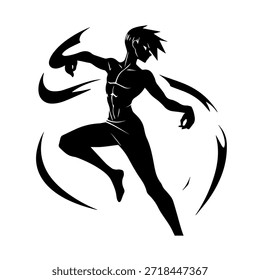 Dynamic Anime Character in Action Illustration in Black on White for Manga, Art, and Graphic Design Styles