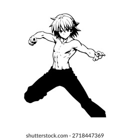 Personaje de anime dinámico en ilustración de acción en negro sobre blanco para manga, arte y estilos de Diseño gráfico