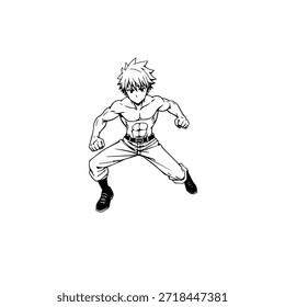 Personagem de Anime Dinâmico na Ilustração de Ação em Preto sobre Branco para Mangá, Arte e Estilos de Design Gráfico