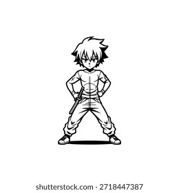 Personagem de Anime Dinâmico na Ilustração de Ação em Preto sobre Branco para Mangá, Arte e Estilos de Design Gráfico