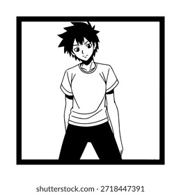 Dynamic Anime Character in Action Illustration in Black on White for Manga, Art, and Graphic Design Styles