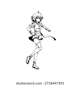 Personagem de Anime Dinâmico na Ilustração de Ação em Preto sobre Branco para Mangá, Arte e Estilos de Design Gráfico