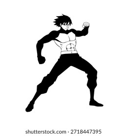 Dynamischer Anime-Charakter in Aktion Illustration in Schwarz auf Weiß für Manga-, Kunst- und Grafikdesign-Stile