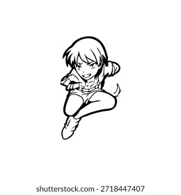 Personagem de Anime Dinâmico na Ilustração de Ação em Preto sobre Branco para Mangá, Arte e Estilos de Design Gráfico