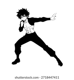 Personaje de anime dinámico en ilustración de acción en negro sobre blanco para manga, arte y estilos de Diseño gráfico