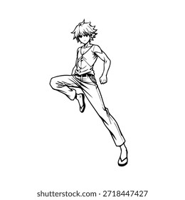 Personagem de Anime Dinâmico na Ilustração de Ação em Preto sobre Branco para Mangá, Arte e Estilos de Design Gráfico