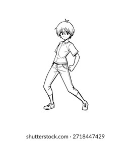 Personagem de Anime Dinâmico na Ilustração de Ação em Preto sobre Branco para Mangá, Arte e Estilos de Design Gráfico