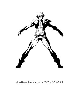Personagem de Anime Dinâmico na Ilustração de Ação em Preto sobre Branco para Mangá, Arte e Estilos de Design Gráfico