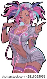 Dynamic Anime Character in Glowing Cyberpunk Nurse Outfit