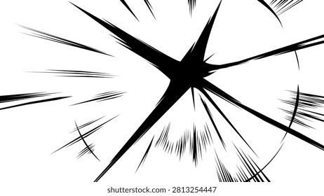 Dynamic anime impact burst with speed lines and comic explosion effect isolated on transparent background. Manga action frame for attack scenes, motion effects, game VFX and graphic design.