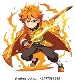 Dynamic Anime Warrior with Flaming Sword and Lightning Power Vibrant Action Pose Illustration