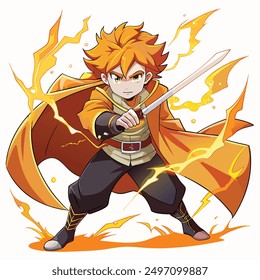 Dynamic Anime Warrior with Flaming Sword and Lightning Power Vibrant Action Pose Illustration