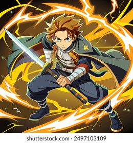 Dynamic Anime Warrior with Flaming Sword in Epic Action Pose