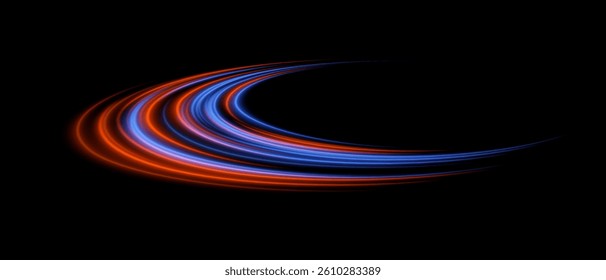 Dynamic arc. Multiple red and blue trails form layered semicircle. Neon glow, energetic stream, smooth digital motion.
