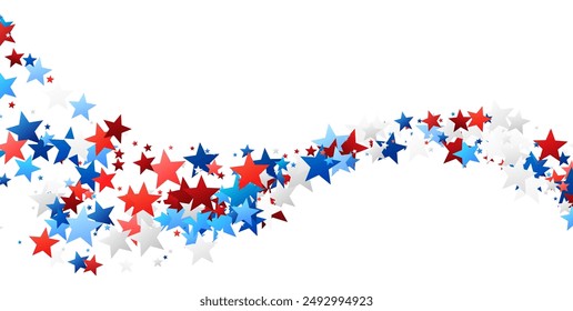 Dynamic arc of red, white, and blue stars on a white background, symbolizing American pride and celebration.