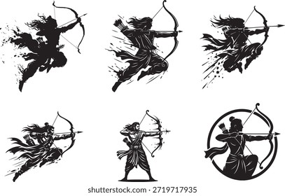 Dynamic Archer Warriors with Bow and Arrow Silhouettes Set