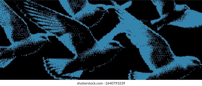 A dynamic arrangement of birds is captured in mid-flight, rendered in a bold blue color against a contrasting black backdrop.. Bitmap pixel bg